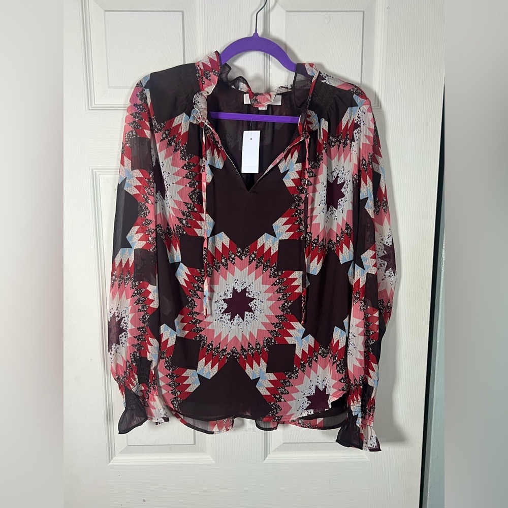 LOFT Outlet Brown and Red Quilt / Geometric Blouse, lined, large